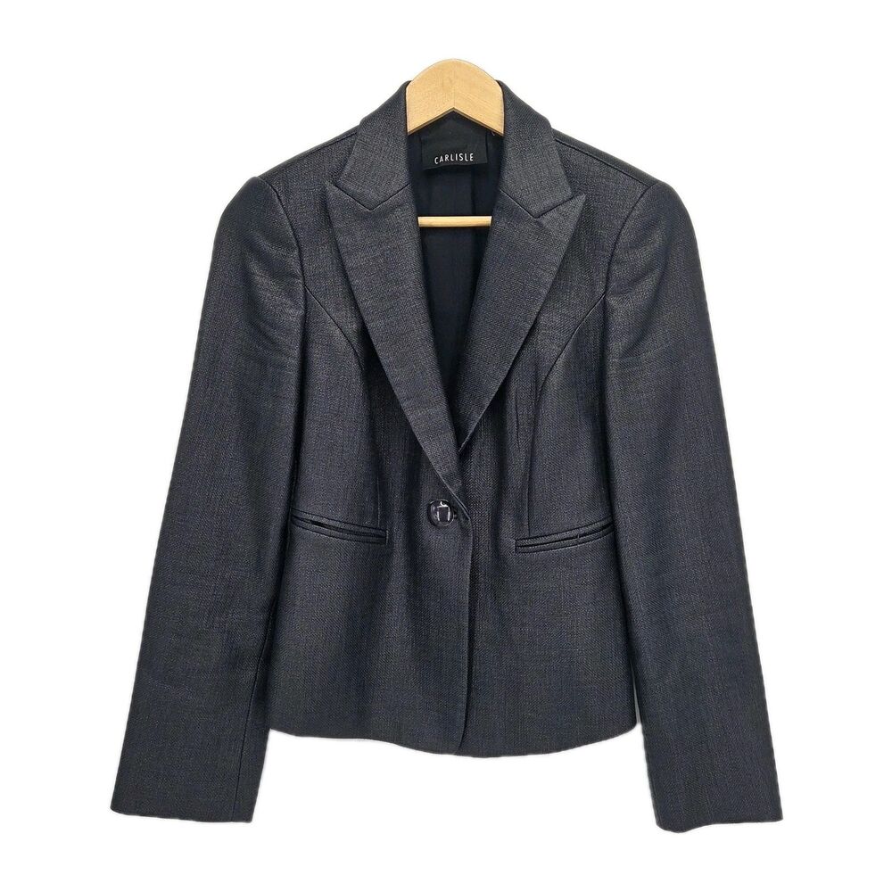 Carlisle Womens One Button Blazer Jacket Metallic Charcoal Wax Coated Size US 6